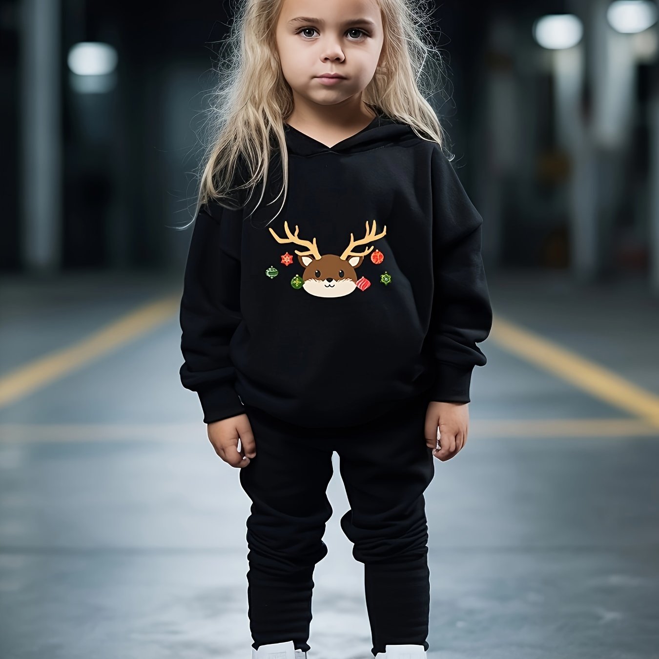 Girls Deer Pattern Hooded Sweatshirt and Sweatpants Set