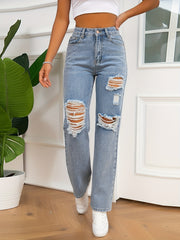 Distressed Straight Leg Jeans Water Ripple Embossed Crotch Slash Pocket Denim