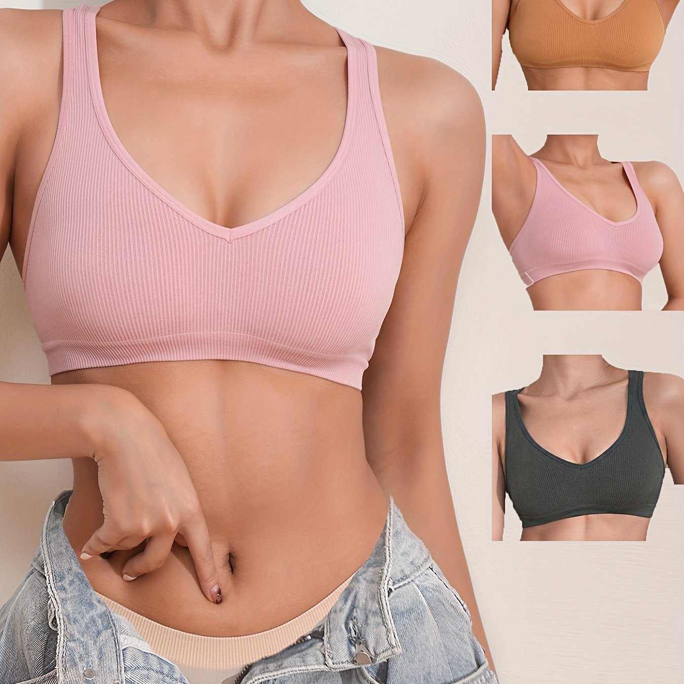 3pcs Ribbed Crop Top Sports Top Women's Lingerie