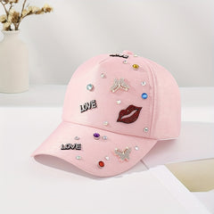 Pink Butterfly Patch Baseball Cap Rhinestone Decor Y2K Dad Hat