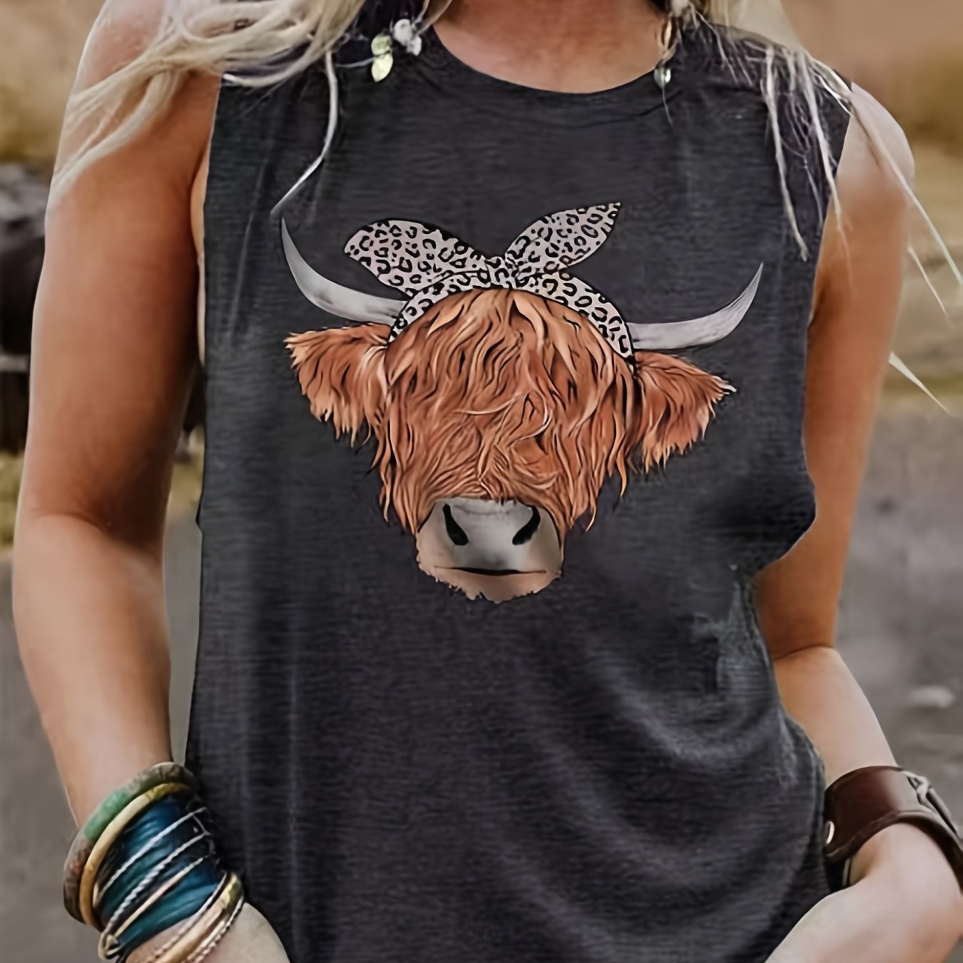 Cow Head Print Tank Top Sleeveless Crew Neck Casual Tops