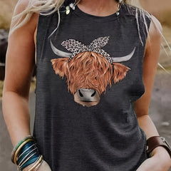 Cow Head Print Tank Top Sleeveless Crew Neck Casual Tops