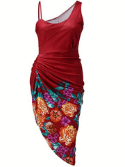 Vintage Floral Print Ruched Dress Cocktail Evening Dress