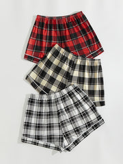 Plaid Bow Sleep Bottoms Elastic Lounge Shorts Women's Sleepwear