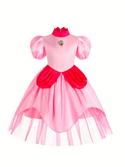 Girls Princess Dress Puff Sleeve Tulle Ruffle Cosplay Performance Dress