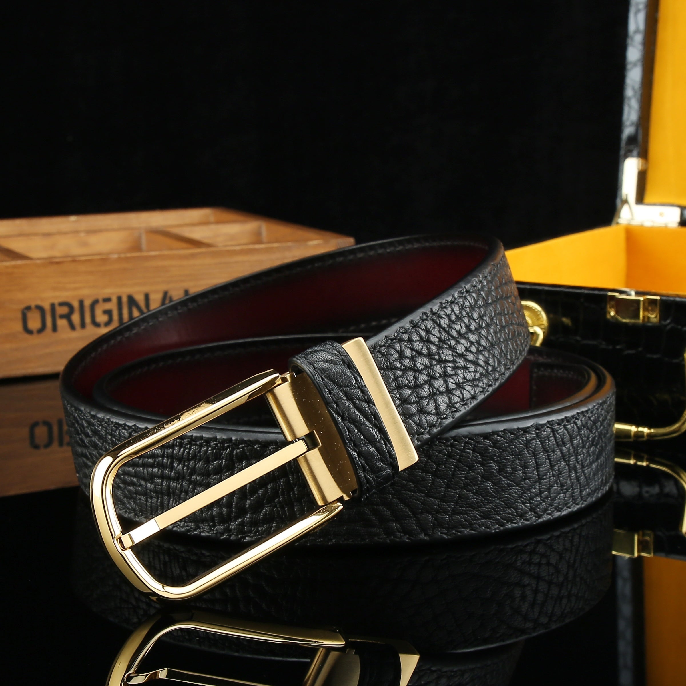 Men's Minimalism Hollow Auto Buckle Belt Stainless Steel Top Layer Cowhide