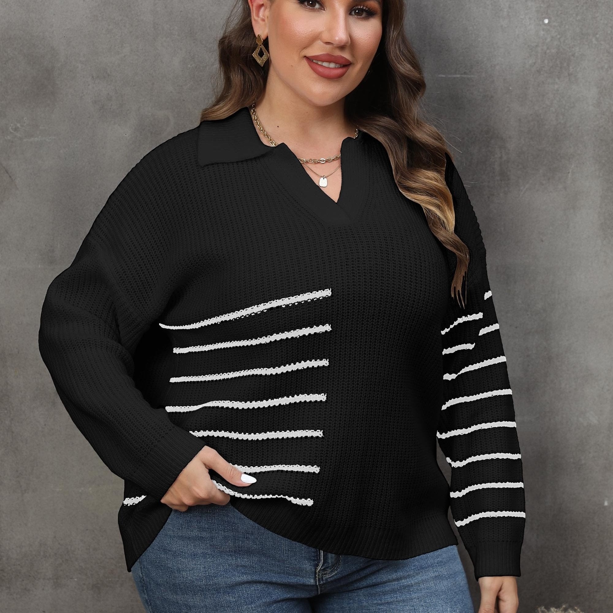 Casual Sweater Women's Plus Colorblock Stripe Long Sleeve Jumper
