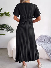 High Waist Pleated Maxi Dress Tie Up Ruffled Sleeve Loose Dress