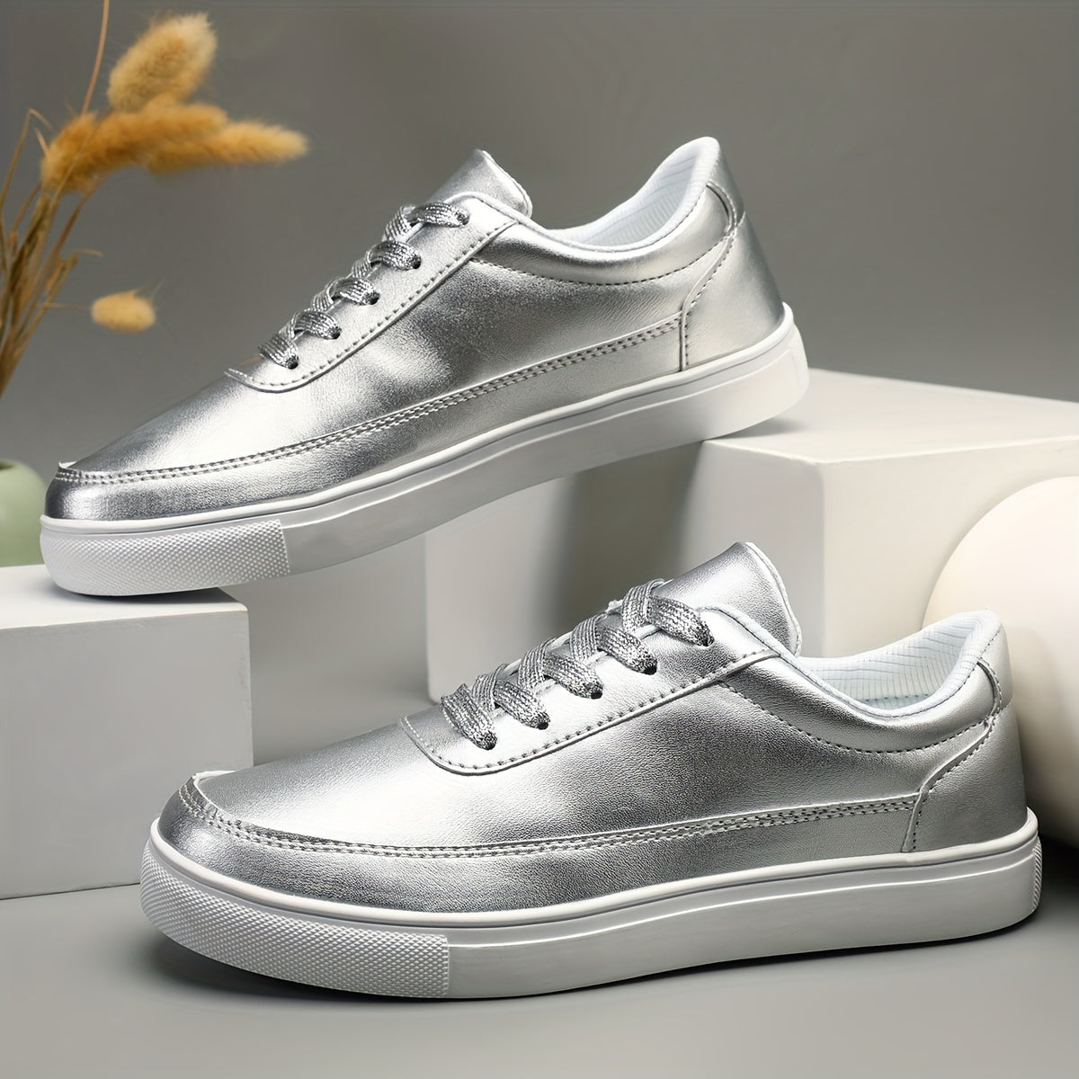 Women's Silver Faux Leather Skate Shoes Casual Lace Up Outdoor Shoes