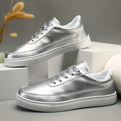 Women's Silver Faux Leather Skate Shoes Casual Lace Up Outdoor Shoes