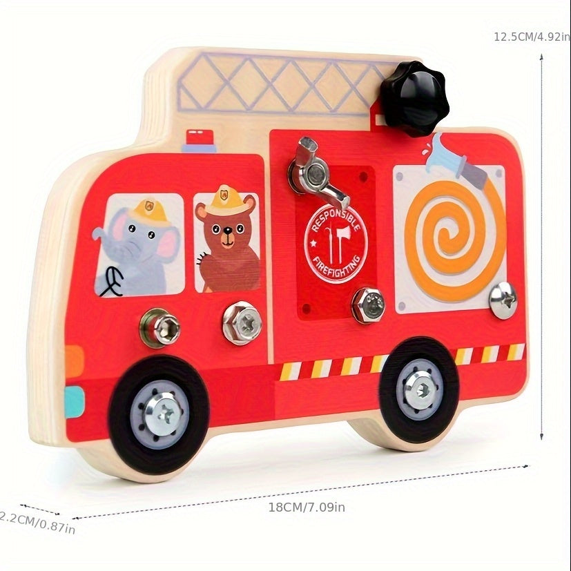 Wooden Disassembly Screw and Nut Fire Truck Set Busy Board Toy