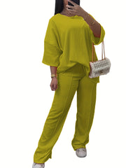 Solid Long Sleeve Top & Pants Set Plus Size Casual Outfit 2 Pcs Set
