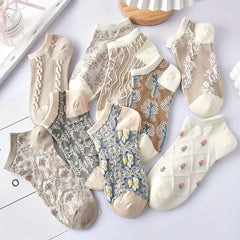 9 Pairs Floral Print Low Cut Ankle Socks Retro Style Soft & Lightweight