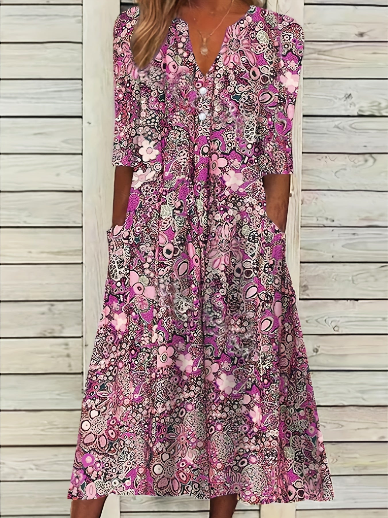 Allover Floral Print Short Sleeve Notched Neck Dress With Pockets