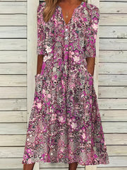 Allover Floral Print Short Sleeve Notched Neck Dress With Pockets