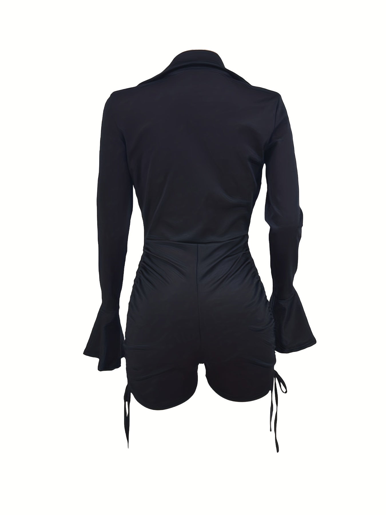 Plunging Ruched Jumpsuit Sexy Long Sleeve Short Length Drawstring