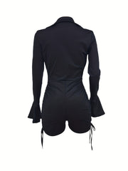Plunging Ruched Jumpsuit Sexy Long Sleeve Short Length Drawstring