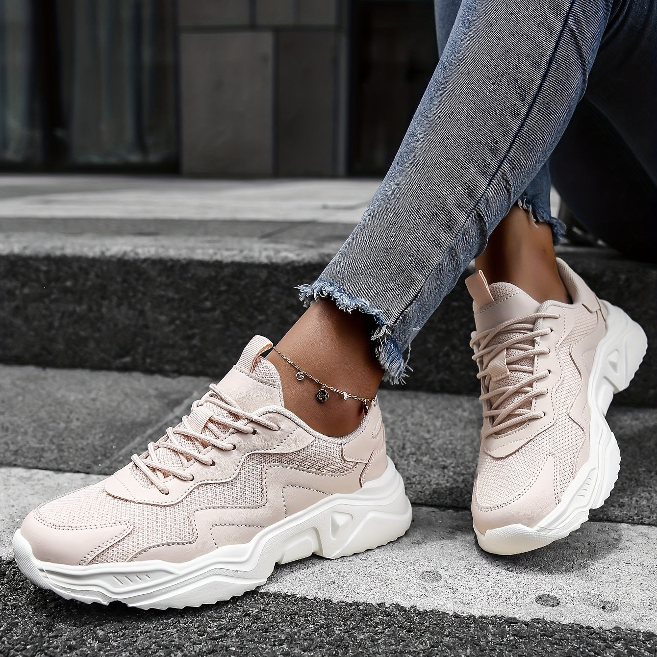 Women's Mesh Panel Sneakers Low Top Lace Up Shoes