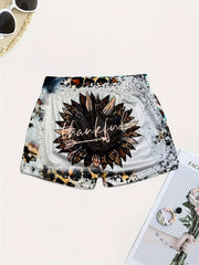 Letter & Sunflower Print Skinny Shorts For Women