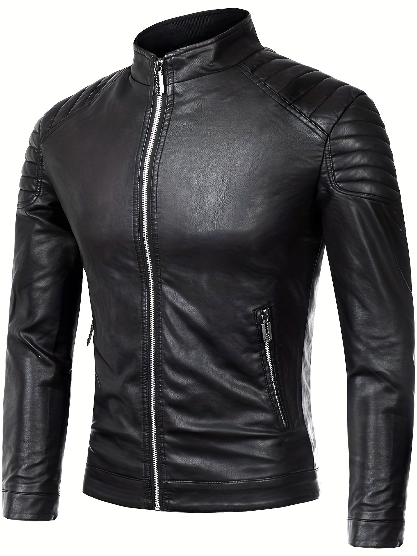 Men's Casual Faux Leather Biker Jacket Zip Up Stand Collar for Spring Fall