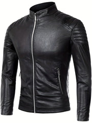 Men's Casual Faux Leather Biker Jacket Zip Up Stand Collar for Spring Fall