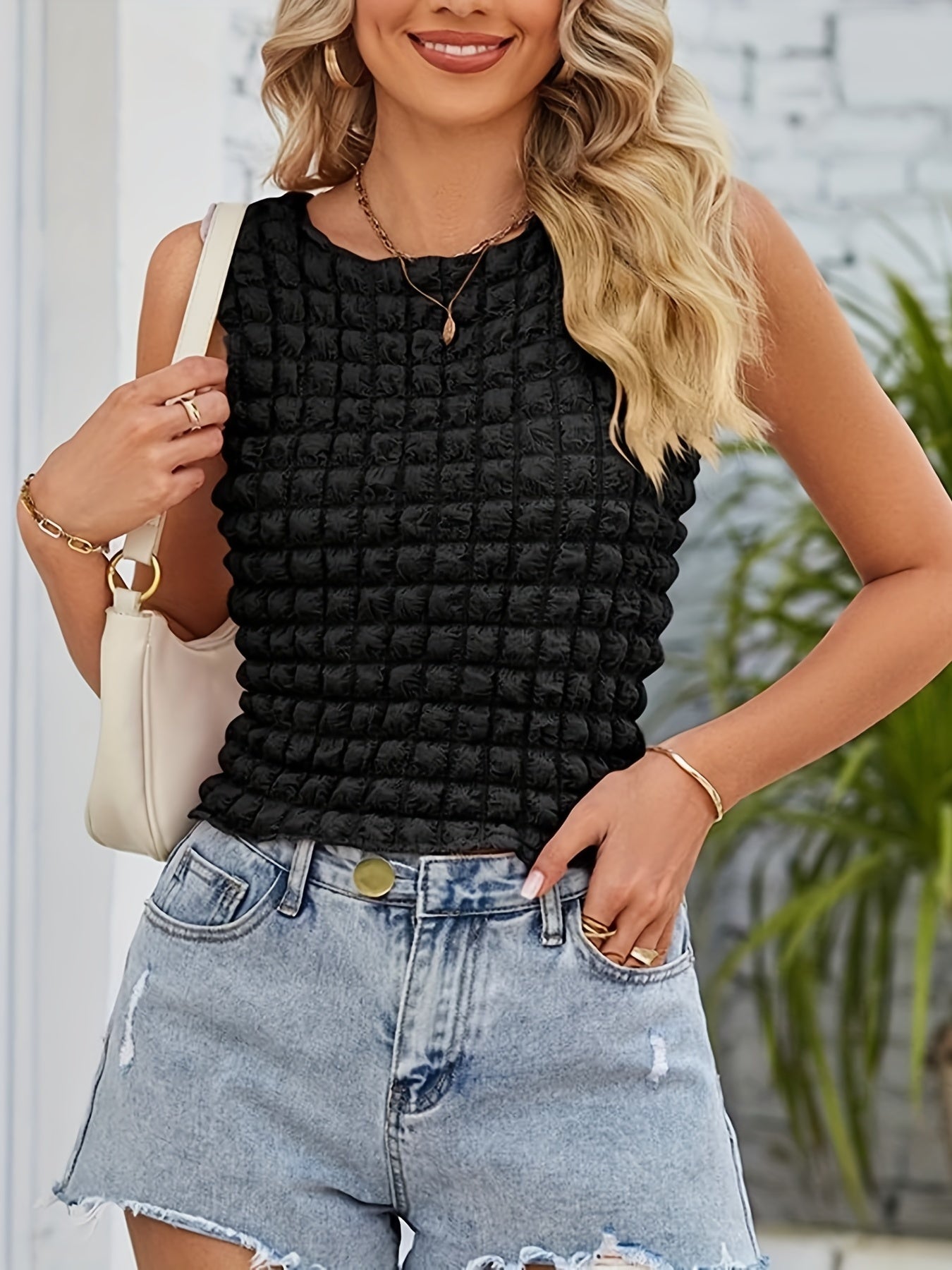 Popcorn Summer Tank Top Crew Neck Sleeveless Top Women's Clothing