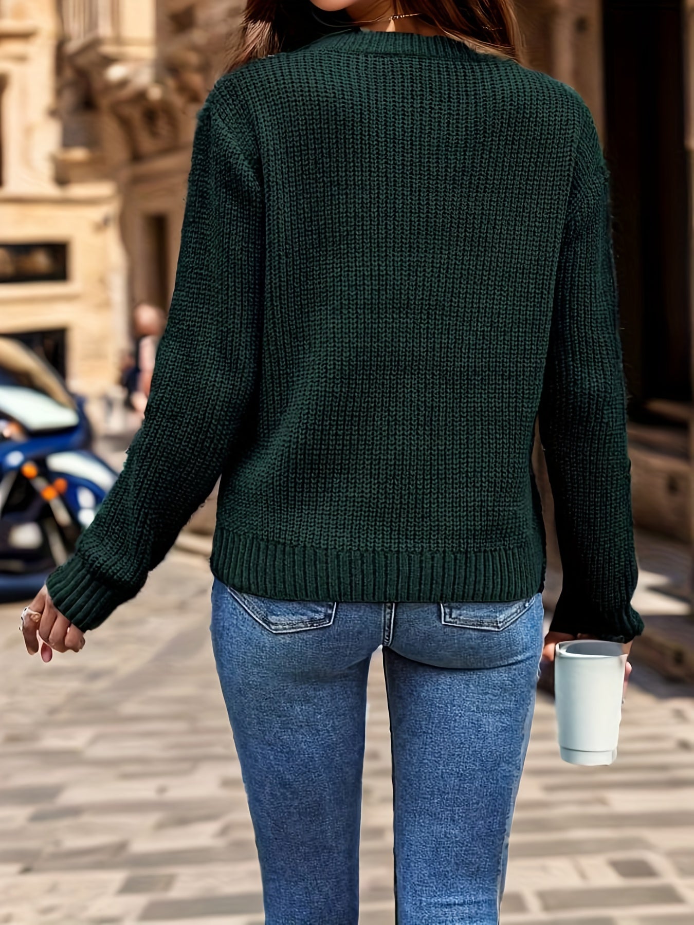 Solid Knit Long Sleeve Crew Neck Sweater for Women