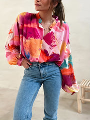 Casual Blouse Women's Plus Colorblock Print Button Up Blouse
