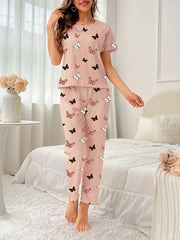 Butterfly Print Pajama Set Short Sleeve Crew Neck Top & Elastic Waistband Pants