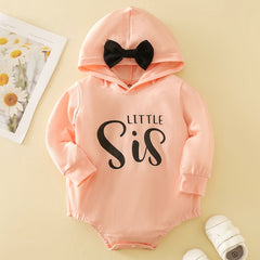 Baby Girls Bow Hooded Romper LITTLE SIS Print