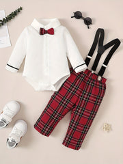Baby Girls 2pcs Casual Shirt With Bow Plaid Bib Pants Set