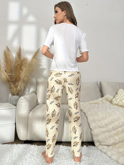Sloth Print Pajama Set Short Sleeve Crew Neck Top & Pants
