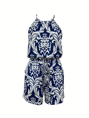 Baroque Floral Print Romper Crew Neck Sleeveless Tie Back Romper