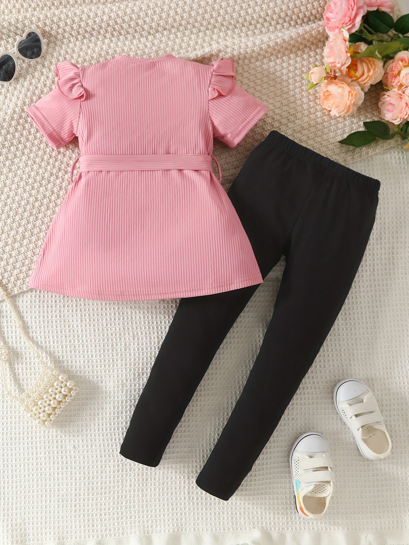 2pcs Girls Letter Embroidery Ruffle Trim Peplum Set Summer Clothes