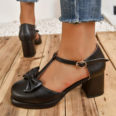 Women's Bowknot Chunky Heel Pumps with Buckle Strap