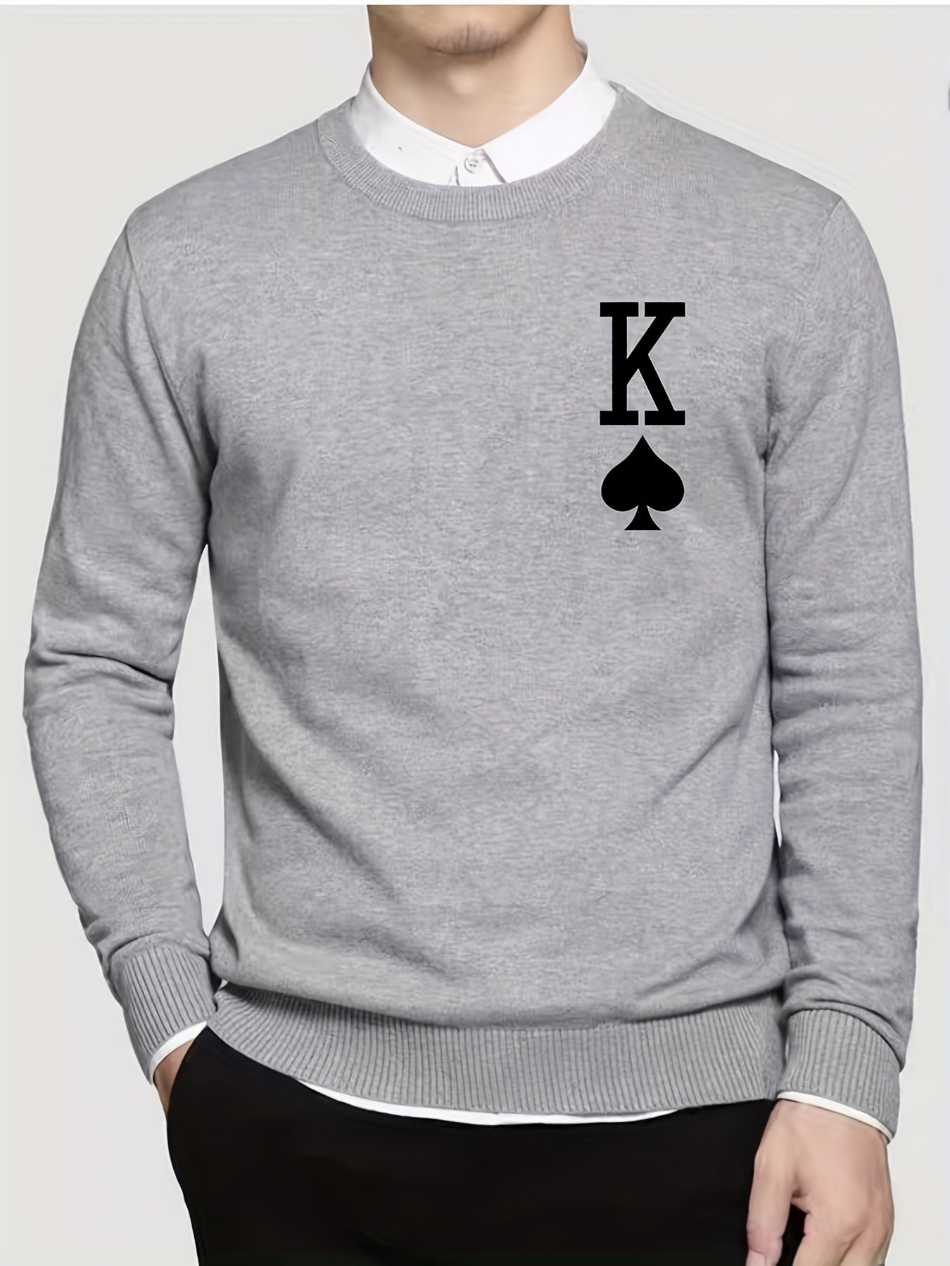 Spades Print Knitted Sweater Men's Warm Crew Neck Pullover