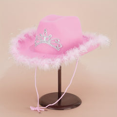 Y2K Pink Feather Cowgirl Hat Rhinestone Crown for Women