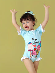 Toddler Girls Splicing Ruffle Trim Cartoon Print Swimwear