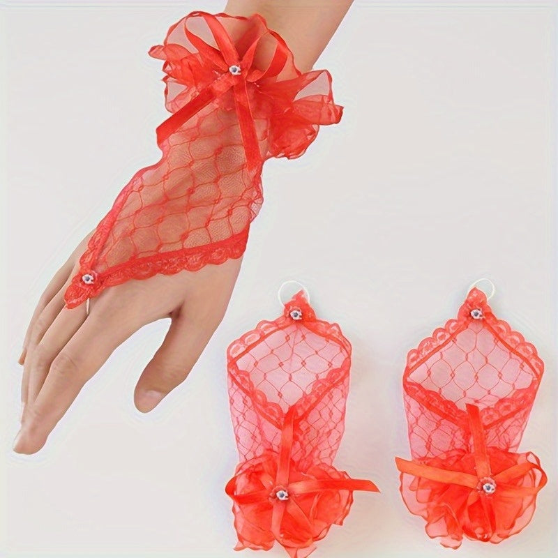 Red Lace Fingerless Bridal Gloves with Rhinestones & Bows