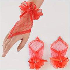 Red Lace Fingerless Bridal Gloves with Rhinestones & Bows