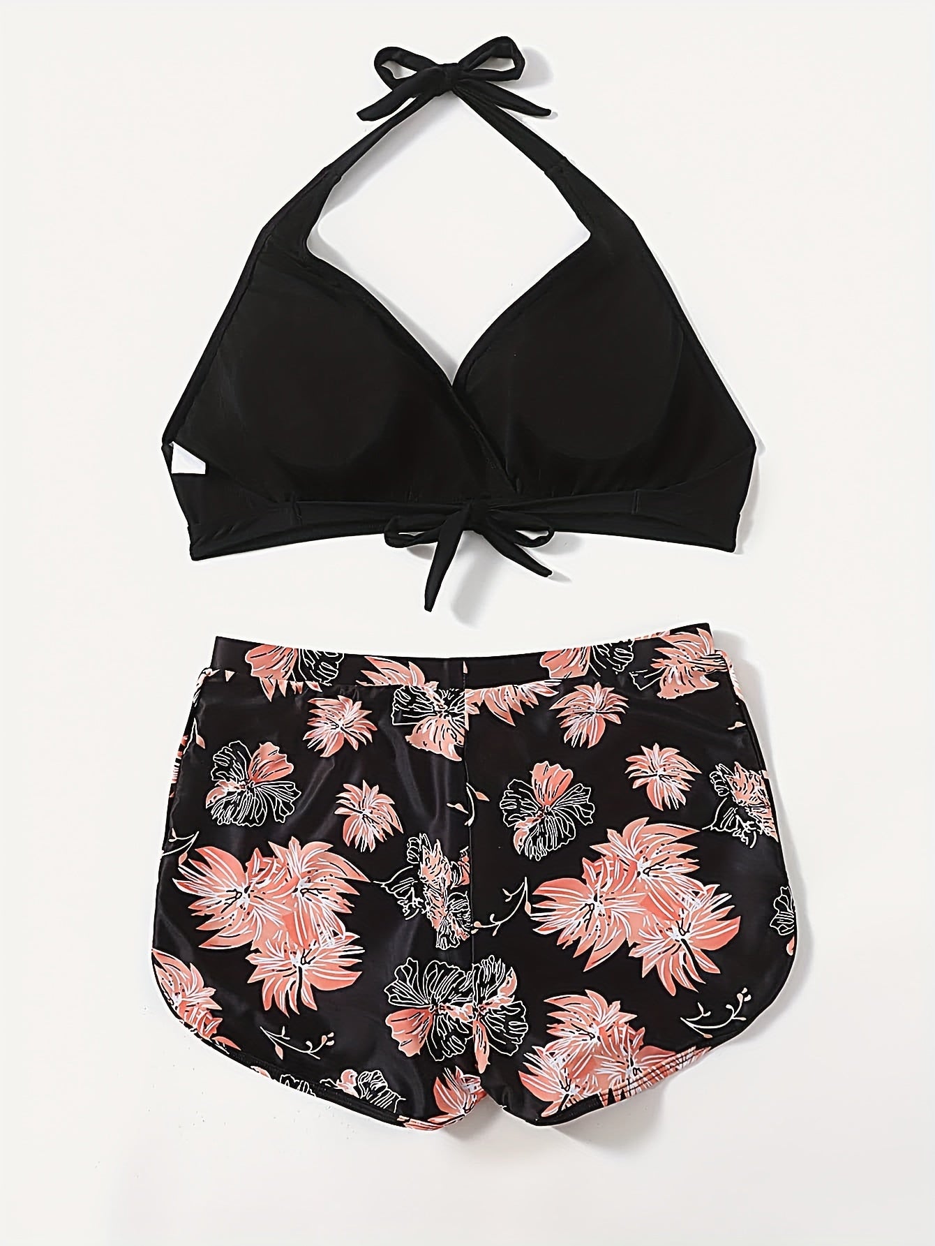 Sporty Plus Size Bikini Set: Solid Halter Bra & Floral Print Shorts