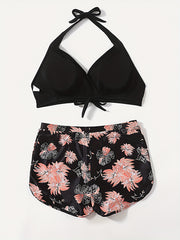 Sporty Plus Size Bikini Set: Solid Halter Bra & Floral Print Shorts