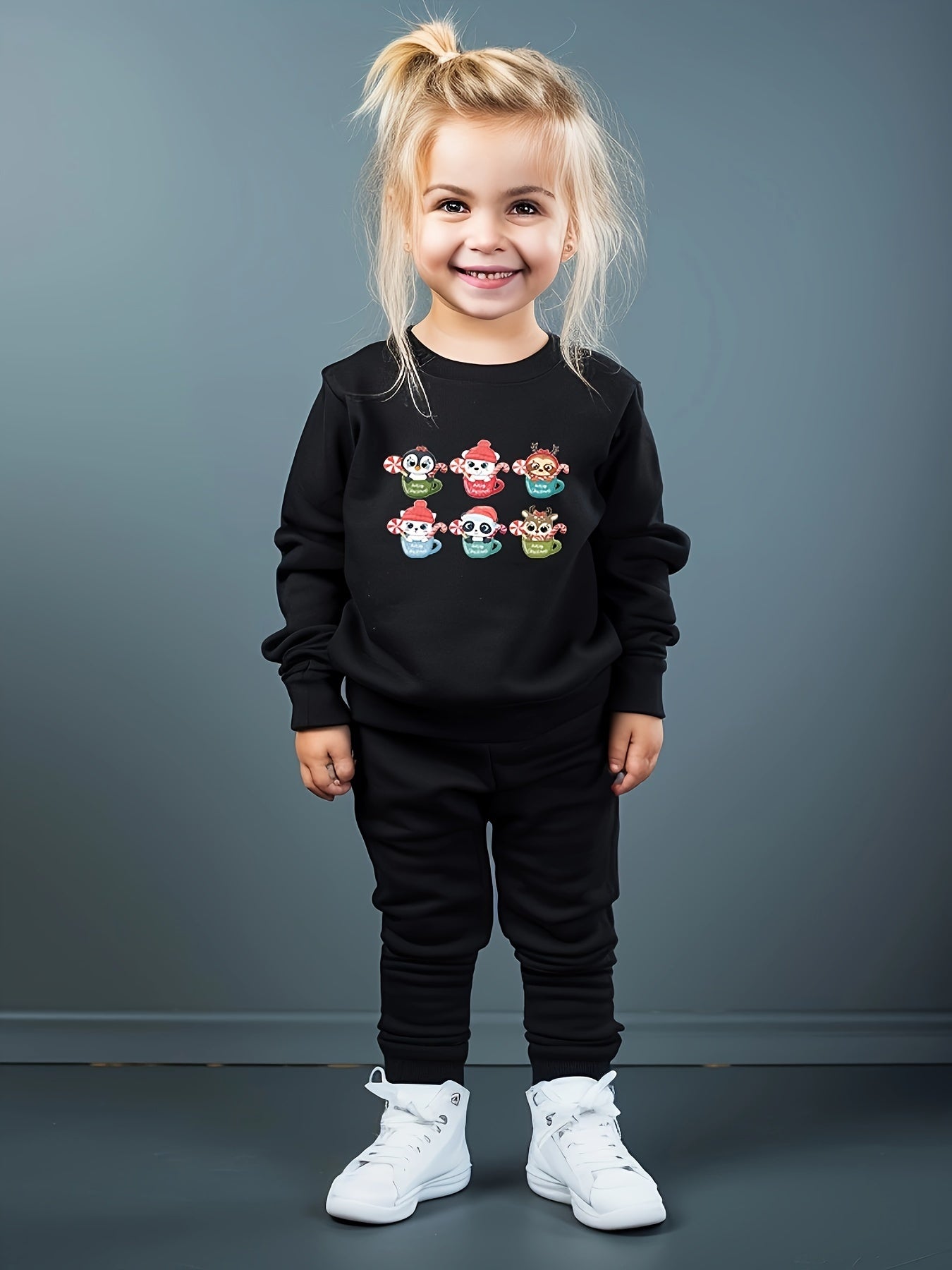 Girls Cartoon Animal Pattern Sweatshirt & Solid Sweatpants Set