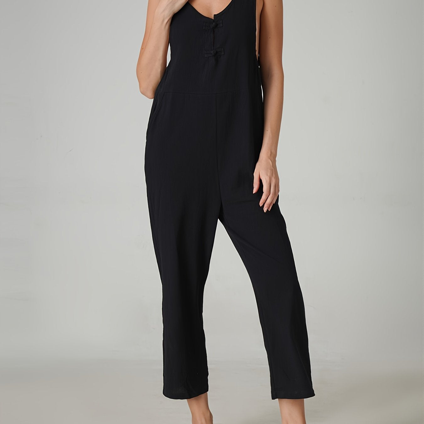 Women's Button Sleeveless V Neck Jumpsuit