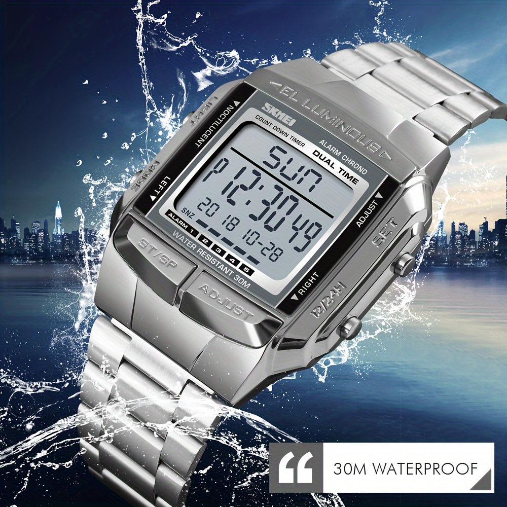 Square Digital Sport Watch with Metal Band