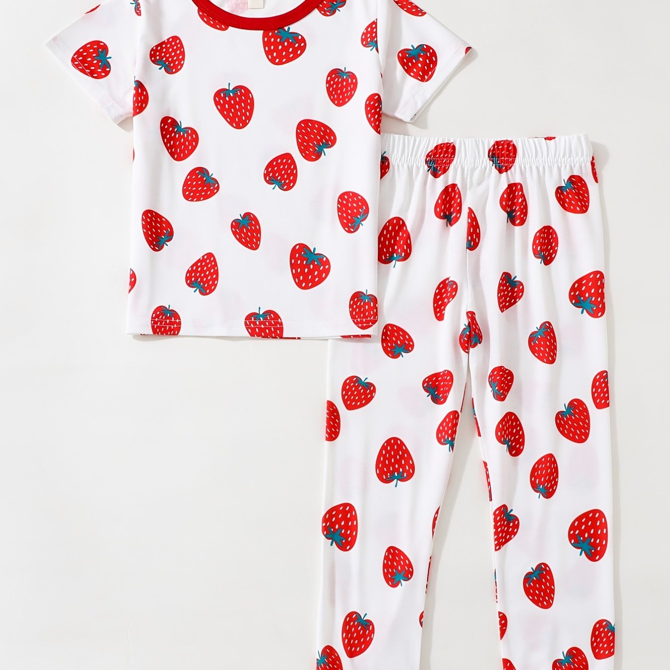 2pcs Strawberry Pattern Kid's Pajamas Set Comfy Casual PJ Set Girl's Loungewear