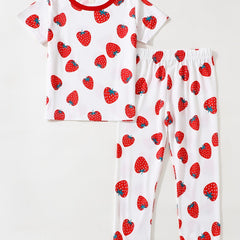 2pcs Strawberry Pattern Kid's Pajamas Set Comfy Casual PJ Set Girl's Loungewear