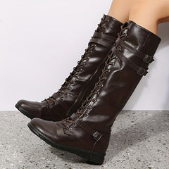Women's Lace Up Knee High Combat Boots Low Heel Round Toe Riding Boots