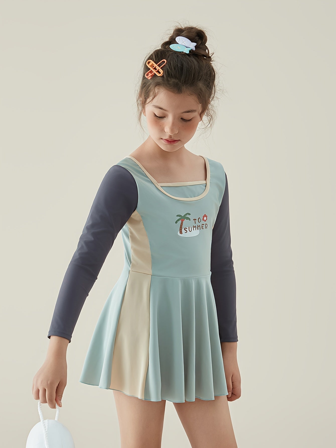 Girls Splicing Long Sleeve 1pc Swimwear Bathing Suit