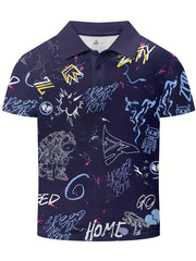Graffiti Print Boys Creative Polo Shirt Casual Lightweight Short Sleeve Tee Tops